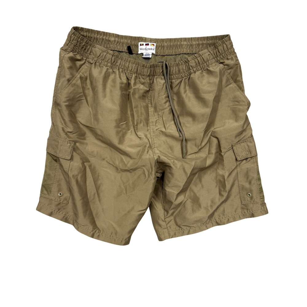 Weekender Swim Trunks Mens Big 1X Beige Cargo Pockets Elastic Waist Lined